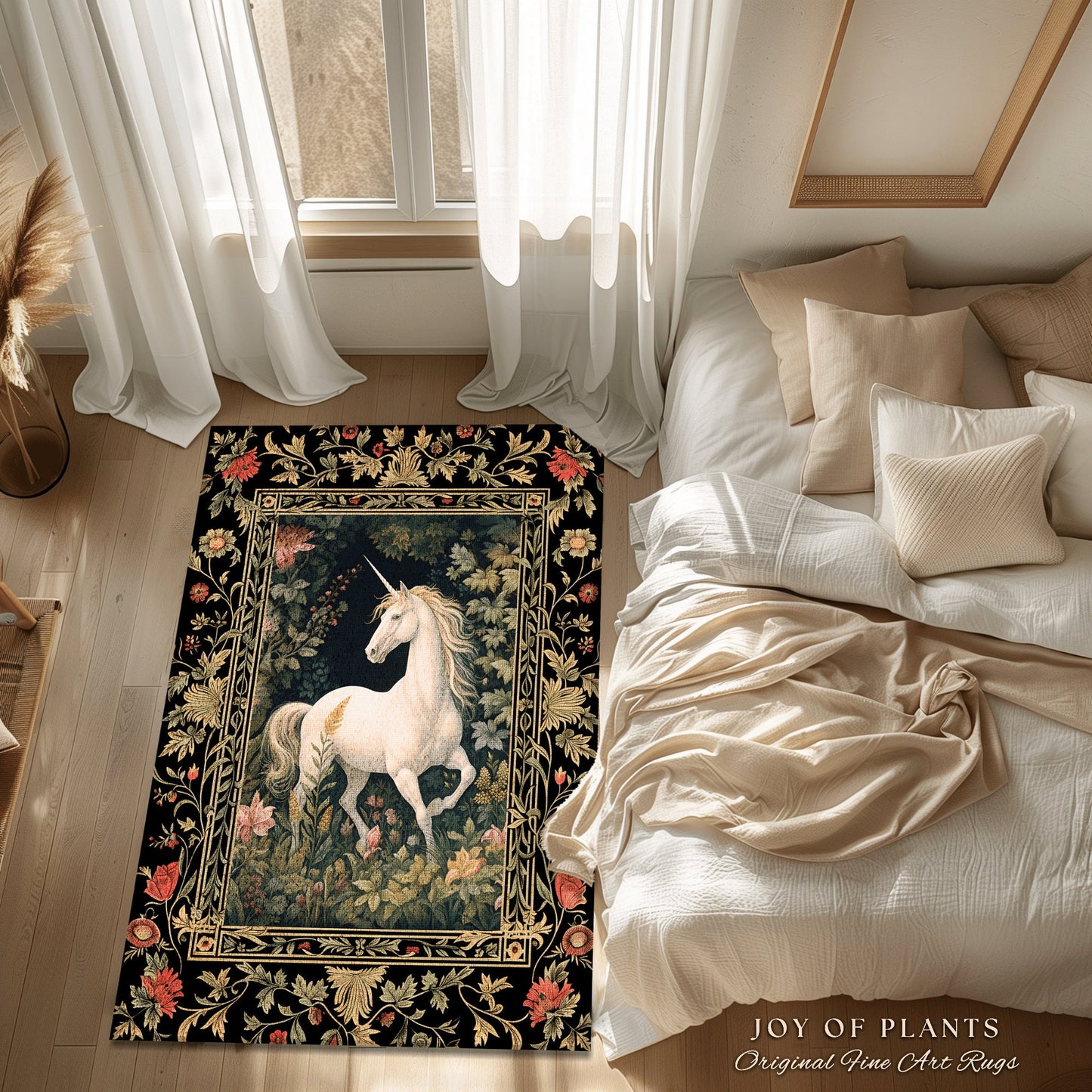 Folk Art Unicorn Area Rug | Princesscore Bedroom Decor William Morris Inspired Cottagecore Room Light Academia Style Rug Mystical Folklore