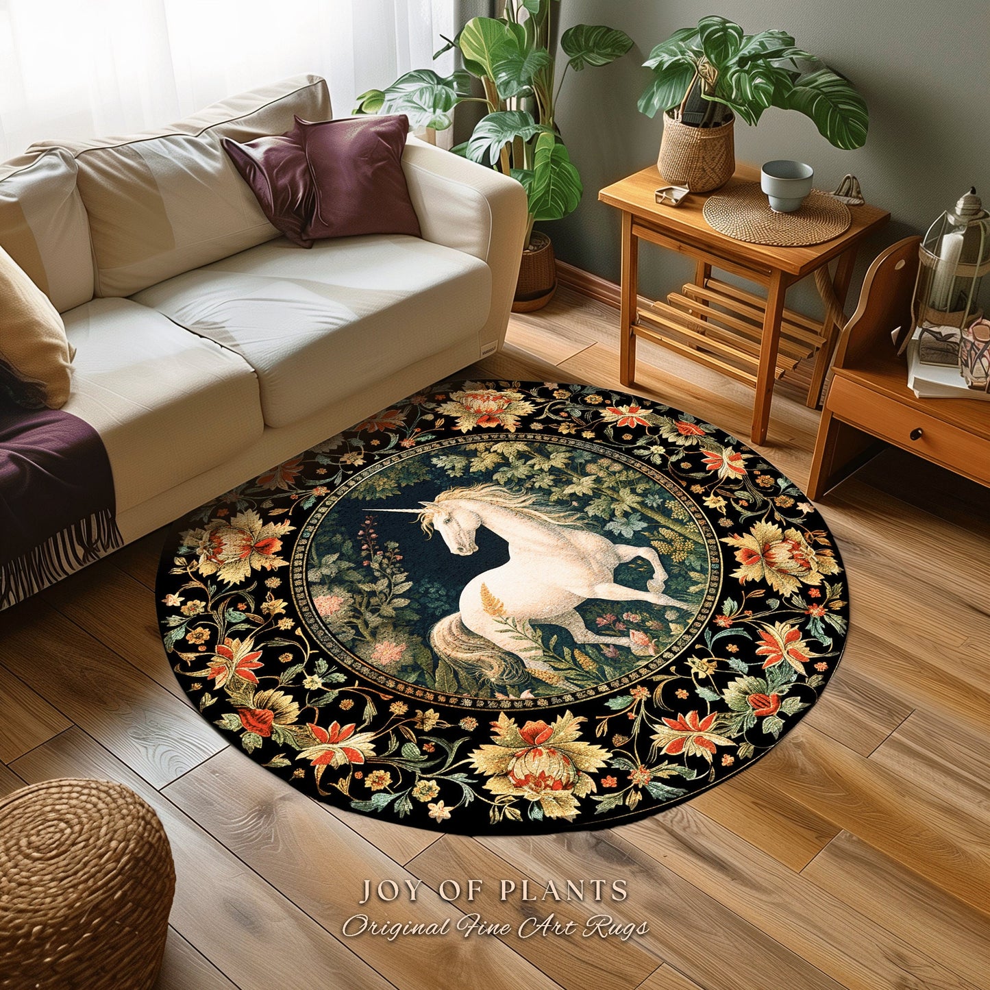 Folk Art Unicorn Area Rug | Princesscore Bedroom Decor William Morris Inspired Cottagecore Room Light Academia Style Rug Mystical Folklore