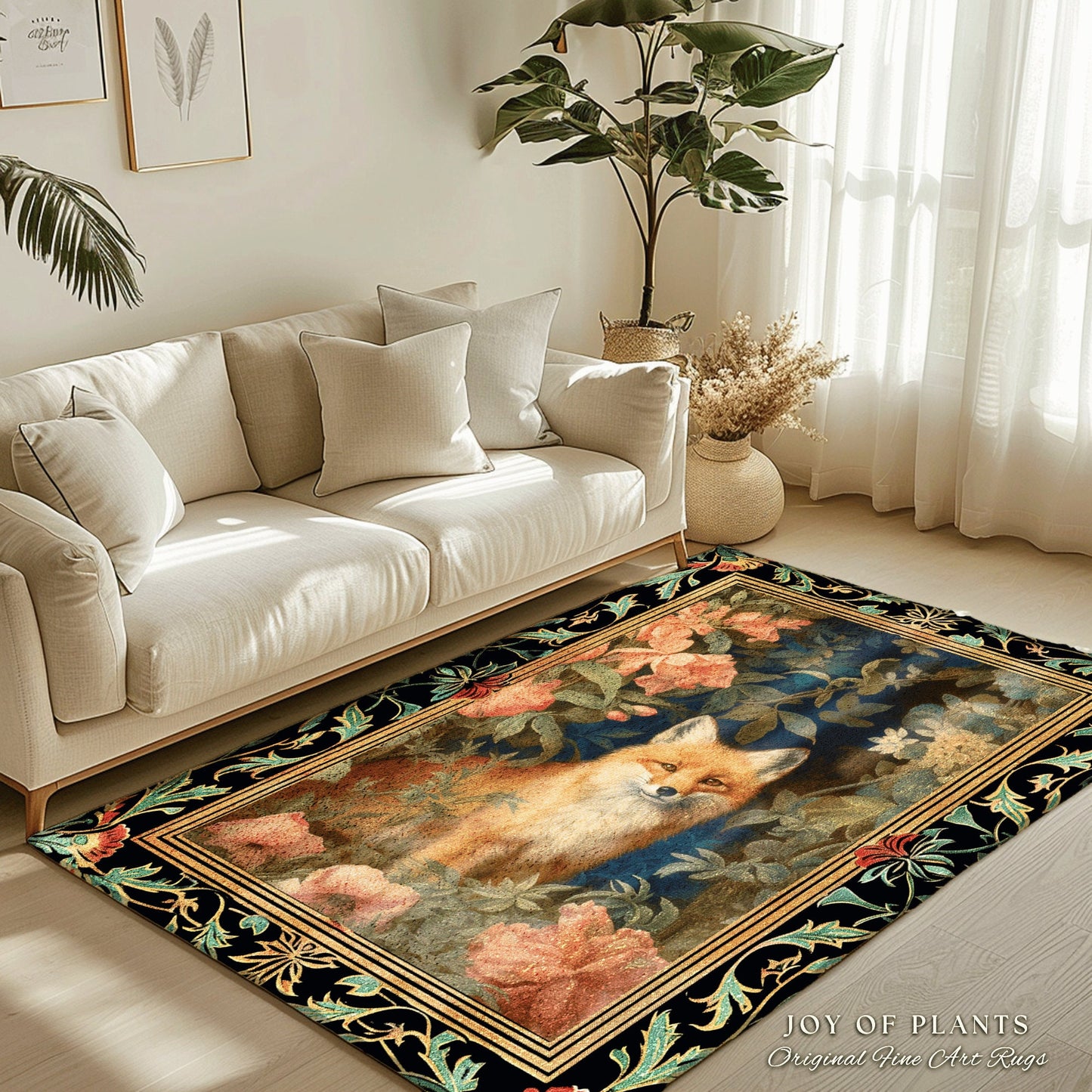 Fairycore Fox Area Rug | Ethereal Bedroom Decor William Morris Inspired Cottagecore Room Soft Aesthetic Light Academia Style Rug Mystical