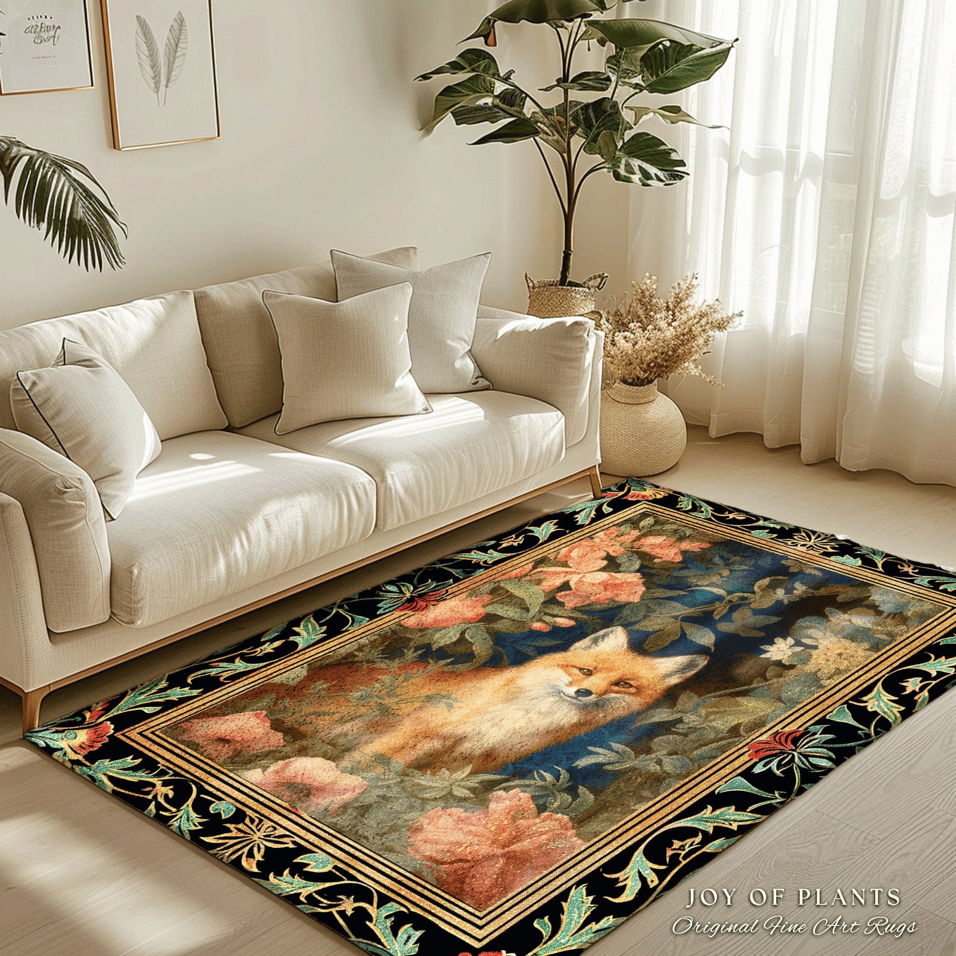 Fairycore Fox Area Rug | Ethereal Bedroom Decor William Morris Inspired Cottagecore Room Soft Aesthetic Light Academia Style Rug Mystical