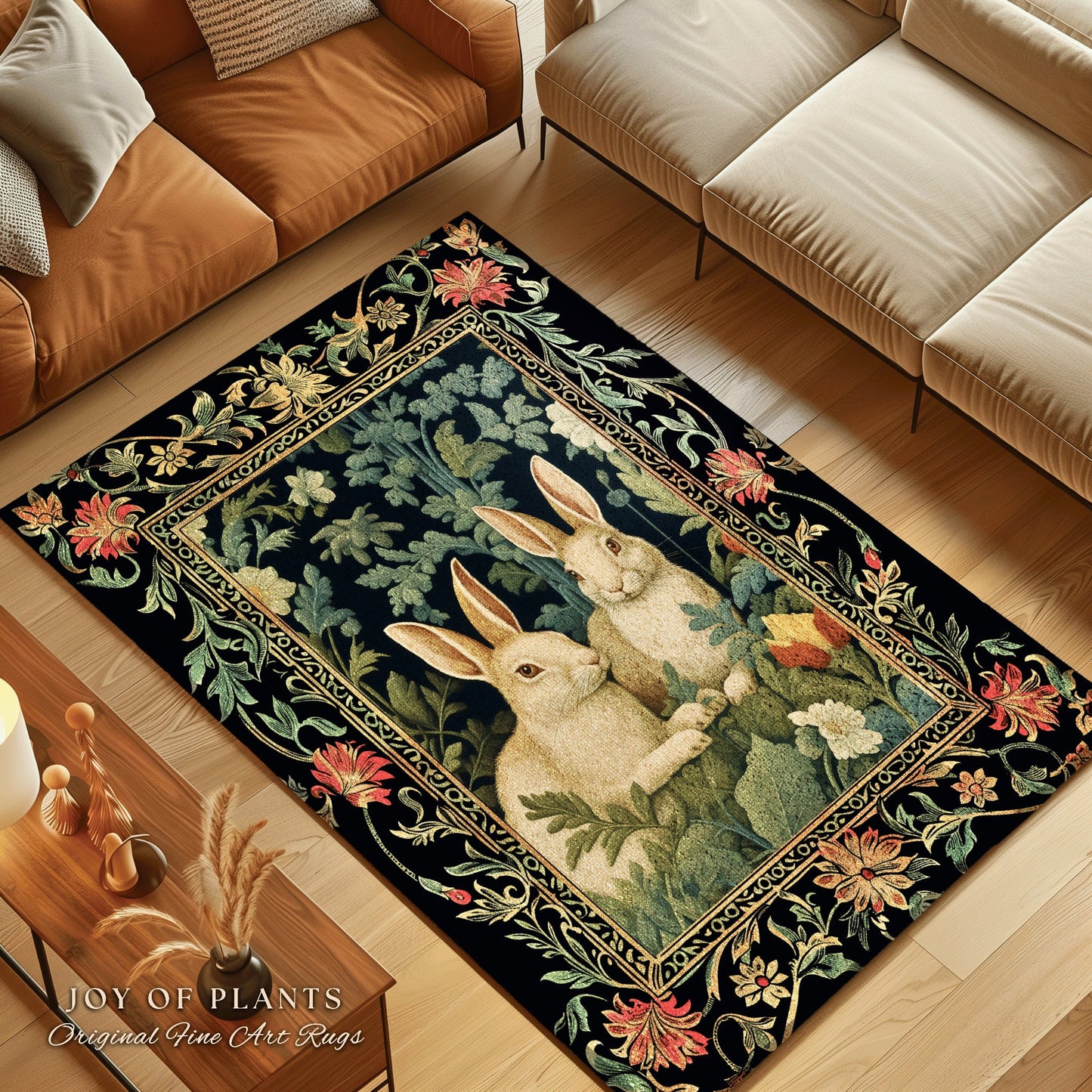 Bunny Rabbit Floral Rug | Botanical Bedroom Decor William Morris Inspired Cottagecore Room Light Academia Style Rug Mystical Home Accent