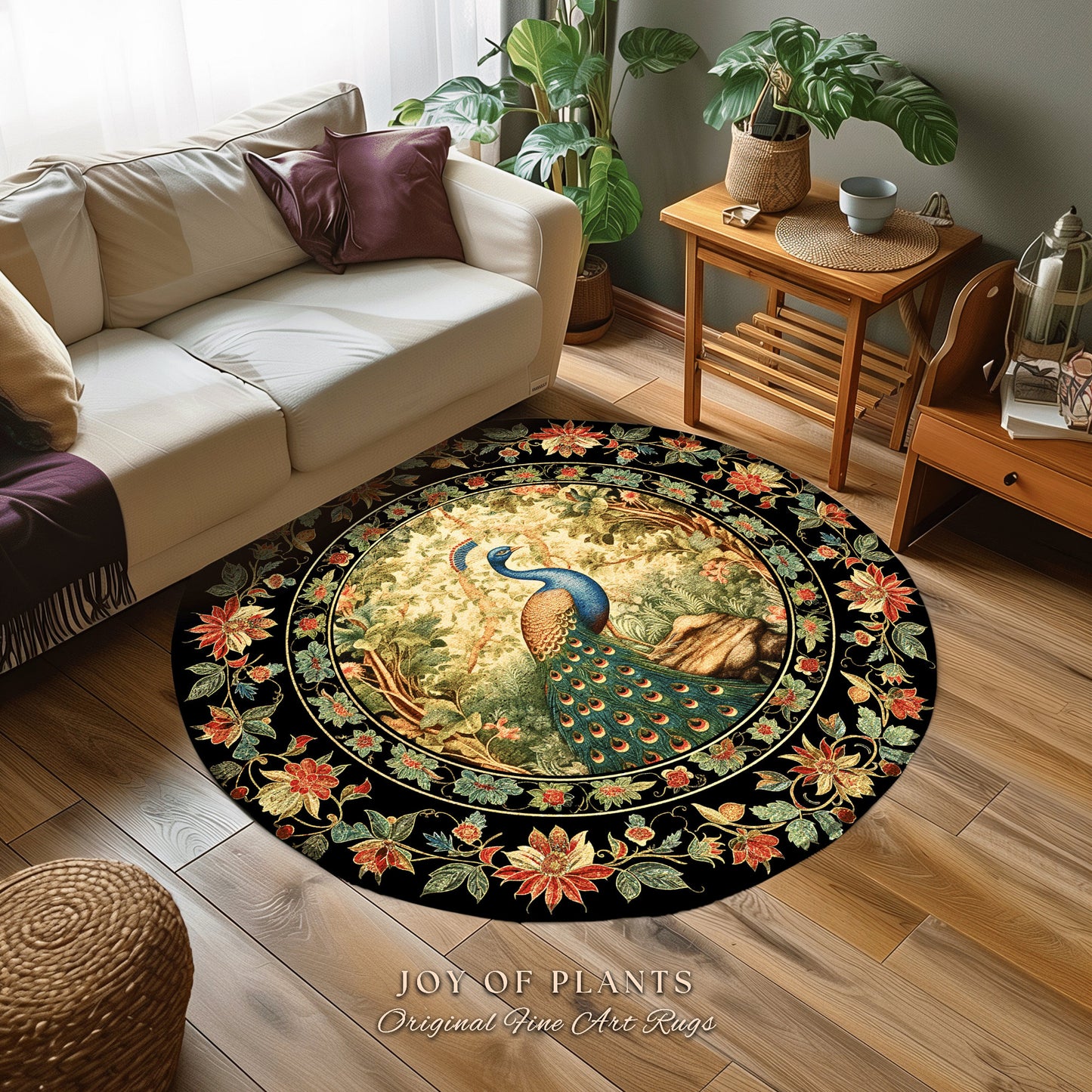 Maximalist Peacock Rug | Botanical Bedroom Decor William Morris Inspired Cottagecore Room Dark Academia Style Rug Mystical Crowcore Art