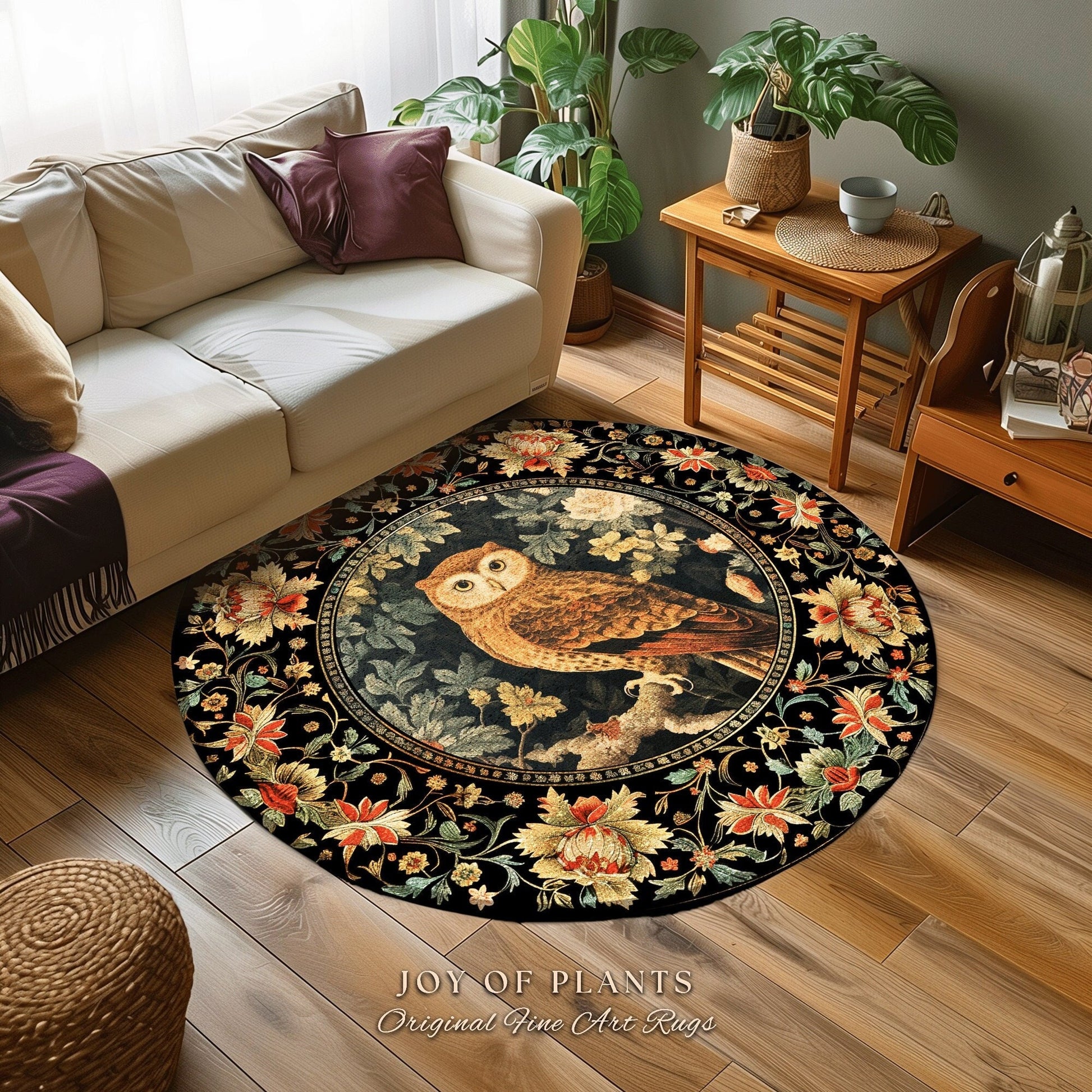 Celestial Owl Rug | Ethereal Bedroom William Morris Inspired Cottagecore Owl Whimsical Room Soft Aesthetic Dark Academia Style Floral |