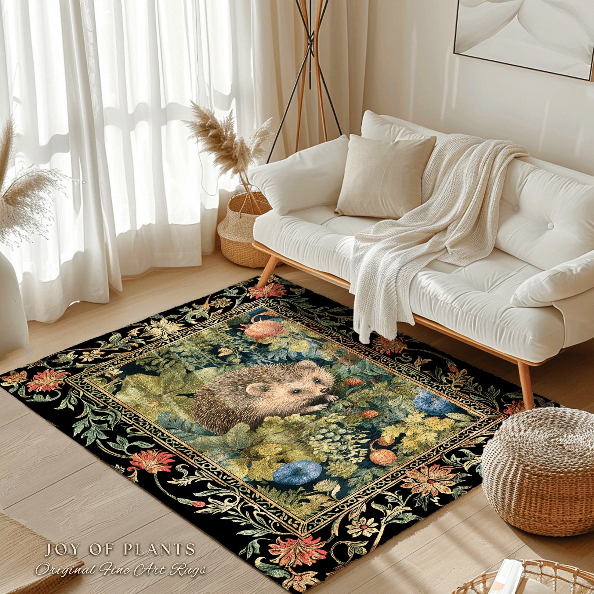 Hedgehog Botanical Rug | Woodland Bedroom Decor William Morris Inspired Cottagecore Room Light Academia Style Rug Mystical Aesthetic