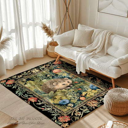 Forestcore Hedgehog Botanical Rug Woodland Gothic Decor | Dark Botanical Cottagecore Nature Lover Gift Rustic Fall Decor Forest Animal Rug