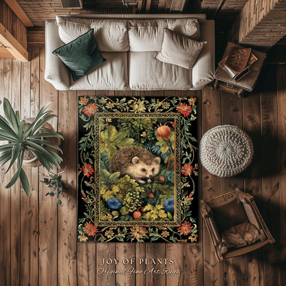 Hedgehog Botanical Rug | Woodland Bedroom Decor William Morris Inspired Cottagecore Room Light Academia Style Rug Mystical Aesthetic