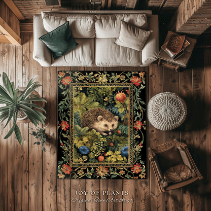 Forestcore Hedgehog Botanical Rug Woodland Gothic Decor | Dark Botanical Cottagecore Nature Lover Gift Rustic Fall Decor Forest Animal Rug
