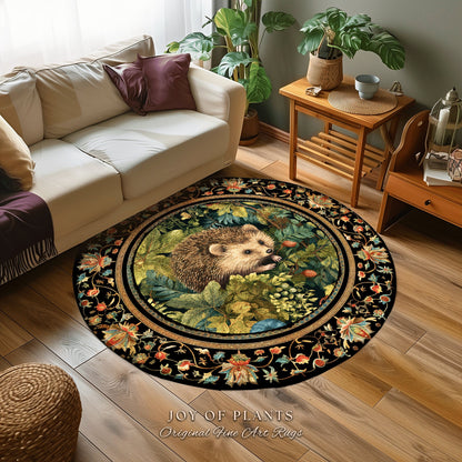 Forestcore Hedgehog Botanical Rug Woodland Gothic Decor | Dark Botanical Cottagecore Nature Lover Gift Rustic Fall Decor Forest Animal Rug