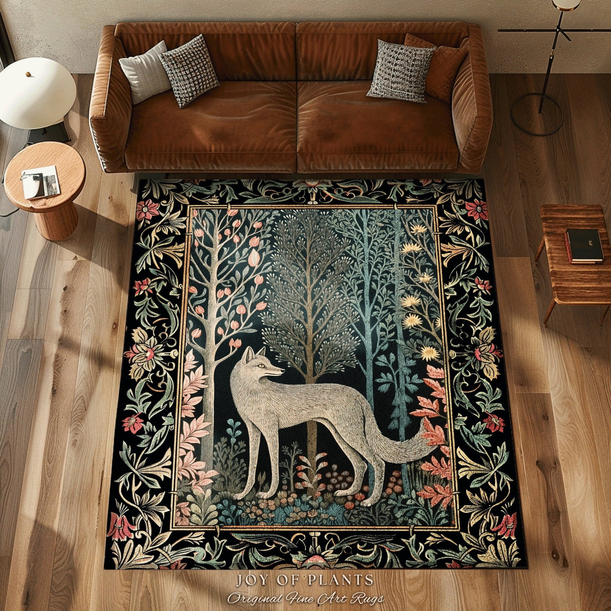 Pastel Scandinavian Wolf Rug | Nordic Aesthetic Bedroom Decor William Morris Inspired Cottagecore Room Dark Academia Accent Rug Mystical |