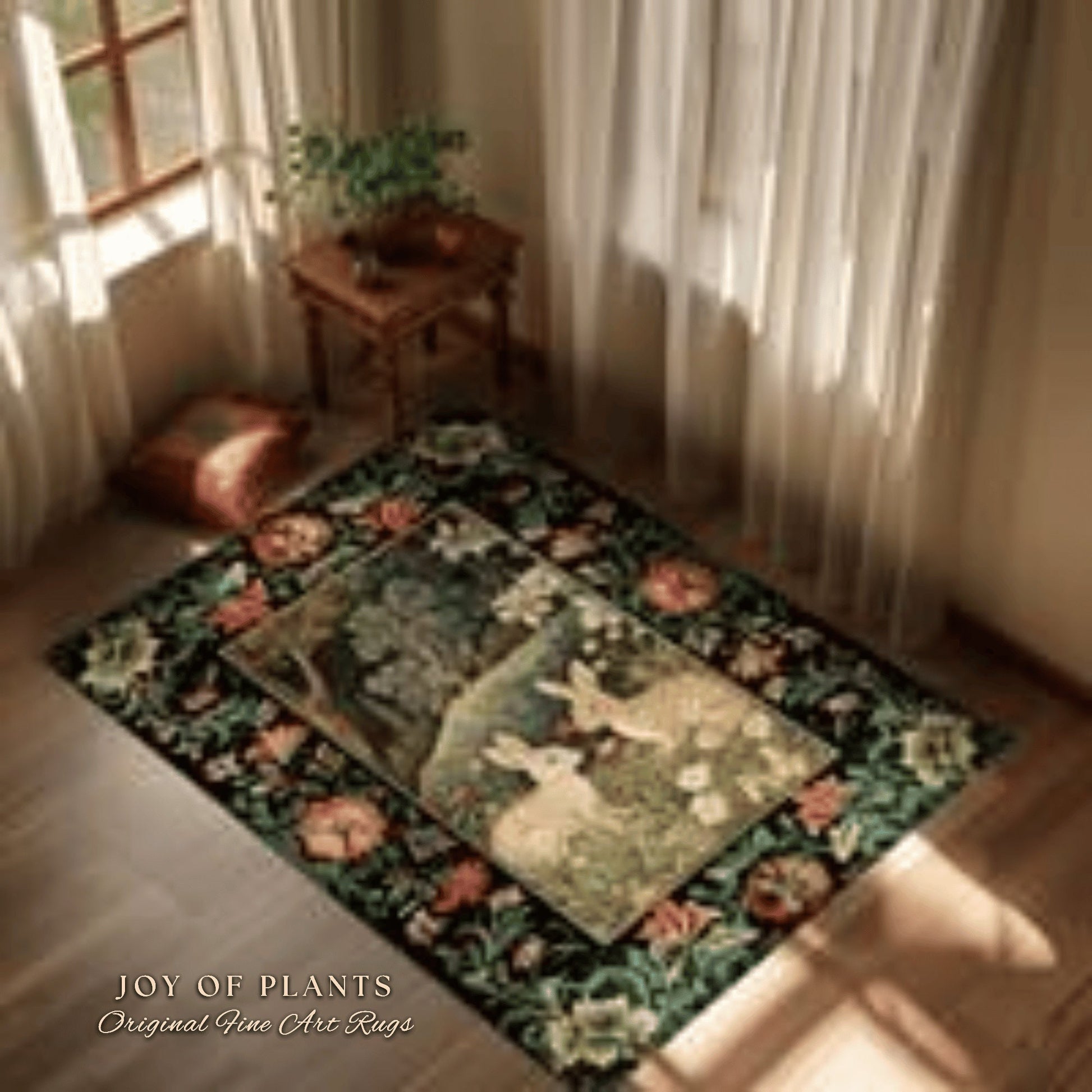 Botanical Bedroom Decor Round Bunny Rug Morris Inspired Cottagecore Light Academia Style Rug | Soft Aesthetic Victorian Floral Rabbit Rug