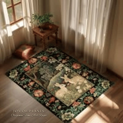 Botanical Bedroom Decor Round Bunny Rug Morris Inspired Cottagecore Light Academia Style Rug | Soft Aesthetic Victorian Floral Rabbit Rug