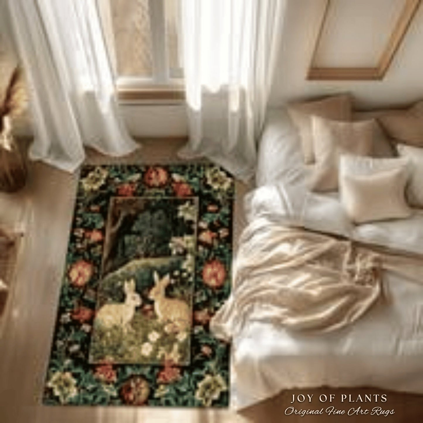 Botanical Bedroom Decor Round Bunny Rug Morris Inspired Cottagecore Light Academia Style Rug | Soft Aesthetic Victorian Floral Rabbit Rug
