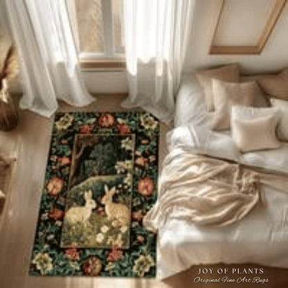 Botanical Bedroom Decor Round Bunny Rug Morris Inspired Cottagecore Light Academia Style Rug | Soft Aesthetic Victorian Floral Rabbit Rug