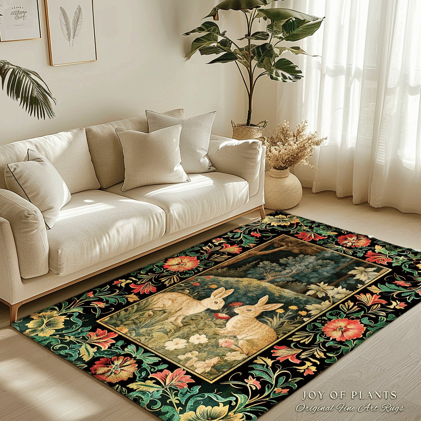 Soft Aesthetic Floral Rabbit Rug | Botanical Bedroom Decor William Morris Inspired Cottagecore Room Light Academia Style Rug Home Victorian