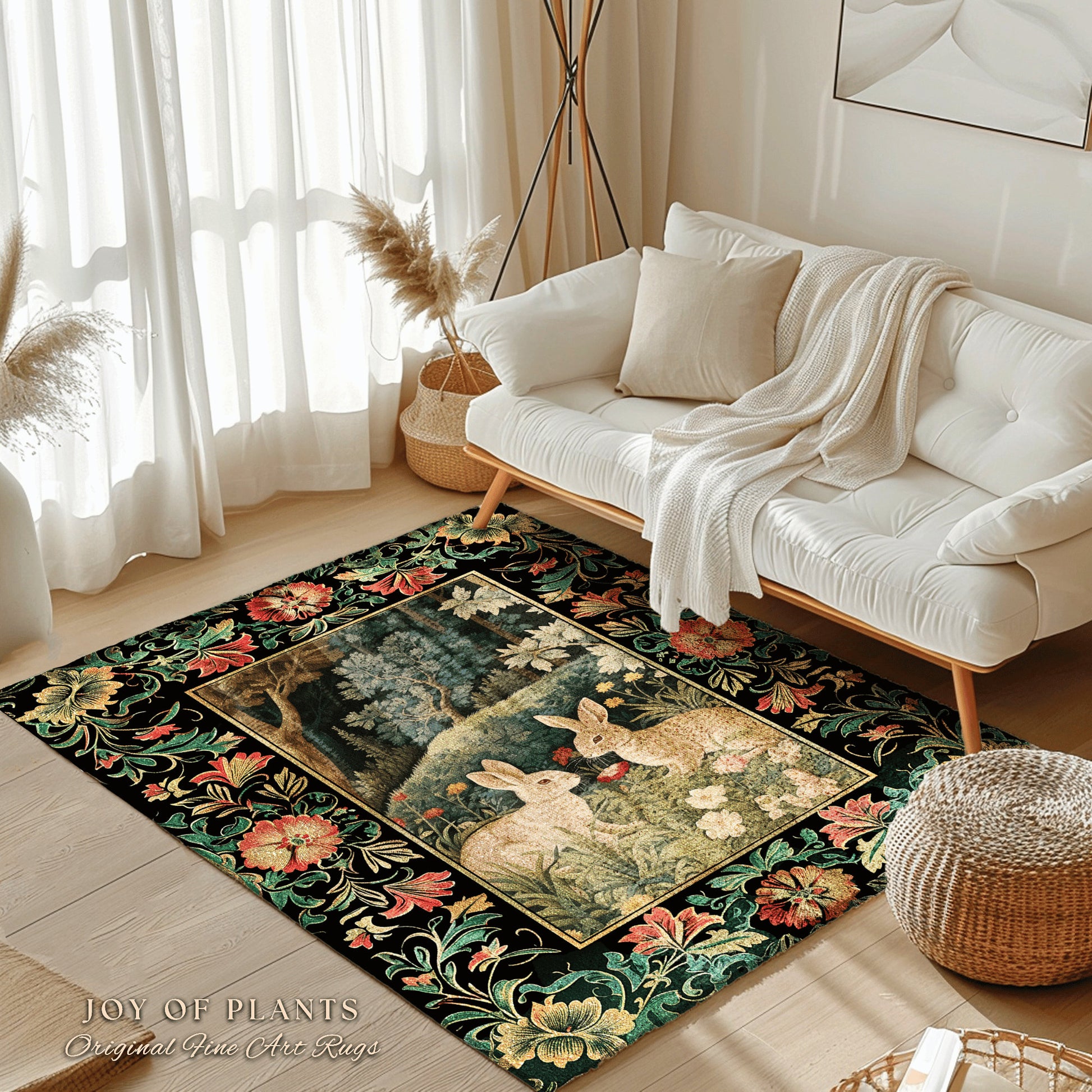 Botanical Bedroom Decor Round Bunny Rug Morris Inspired Cottagecore Light Academia Style Rug | Soft Aesthetic Victorian Floral Rabbit Rug