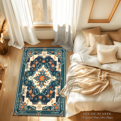 Teal and Orange Ornate Area Rug | Bohemian Room Decor Hippie Aesthetic Multicolor Floor Rug Playful Bedroom Accent Rug Nordic Pastel Style |