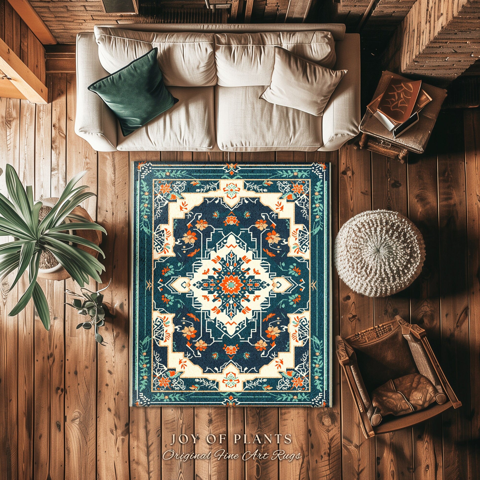 Teal and Orange Ornate Area Rug | Bohemian Room Decor Hippie Aesthetic Multicolor Floor Rug Playful Bedroom Accent Rug Nordic Pastel Style |