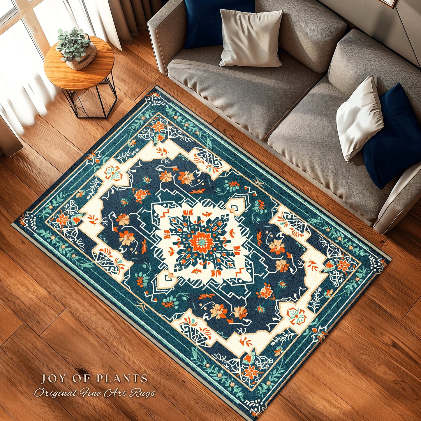 Teal and Orange Ornate Area Rug | Bohemian Room Decor Hippie Aesthetic Multicolor Floor Rug Playful Bedroom Accent Rug Nordic Pastel Style |