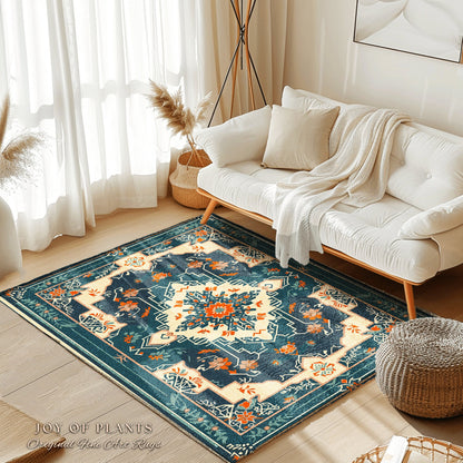 Teal and Orange Ornate Area Rug | Bohemian Room Decor Hippie Aesthetic Multicolor Floor Rug Playful Bedroom Accent Rug Nordic Pastel Style |