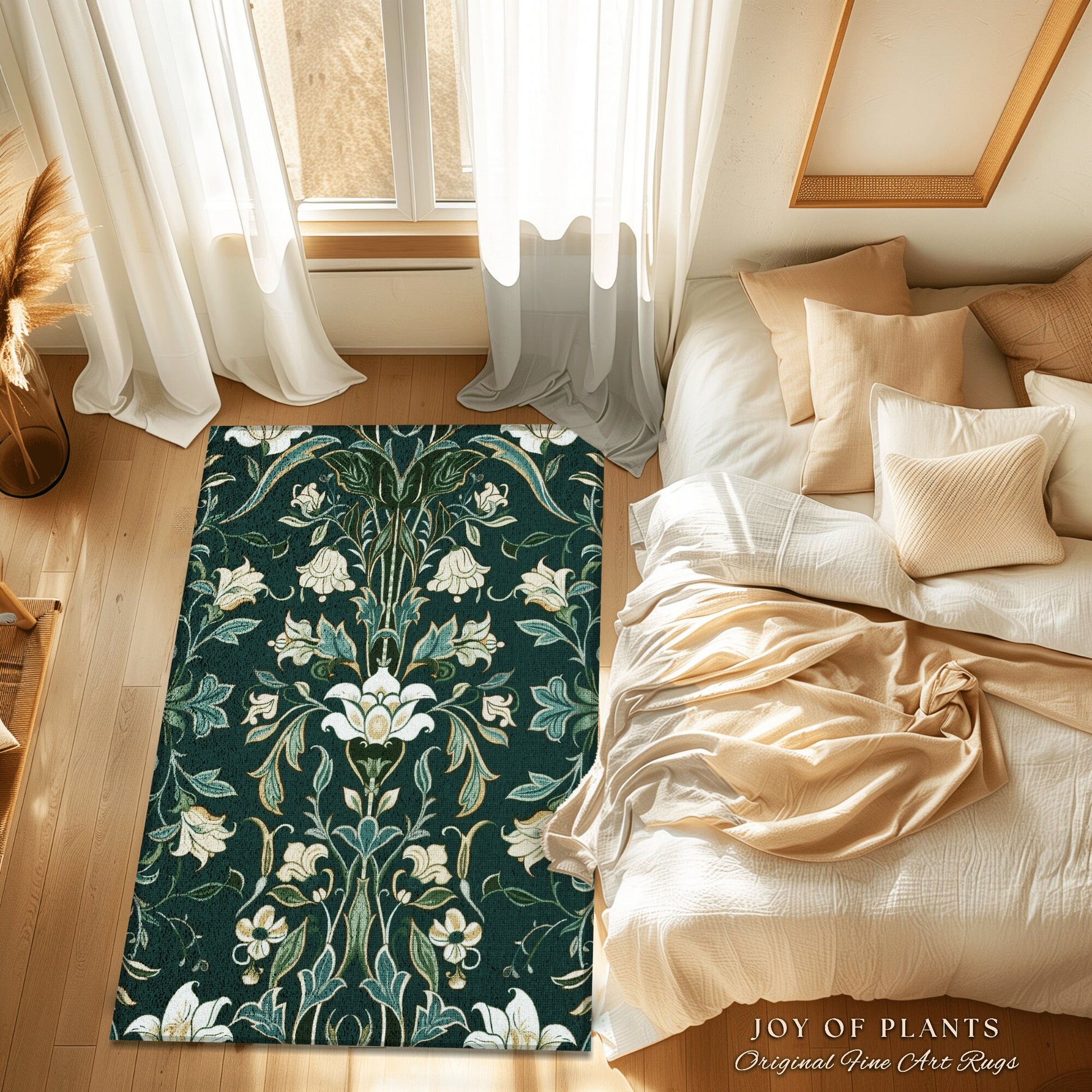 Soft Floral Dark Teal Accent Rug | Boho Botanical Cottagecore Bedroom Decor Jade Green Vintage Fairycore Whimsical Bedroom Elegant Aesthetic