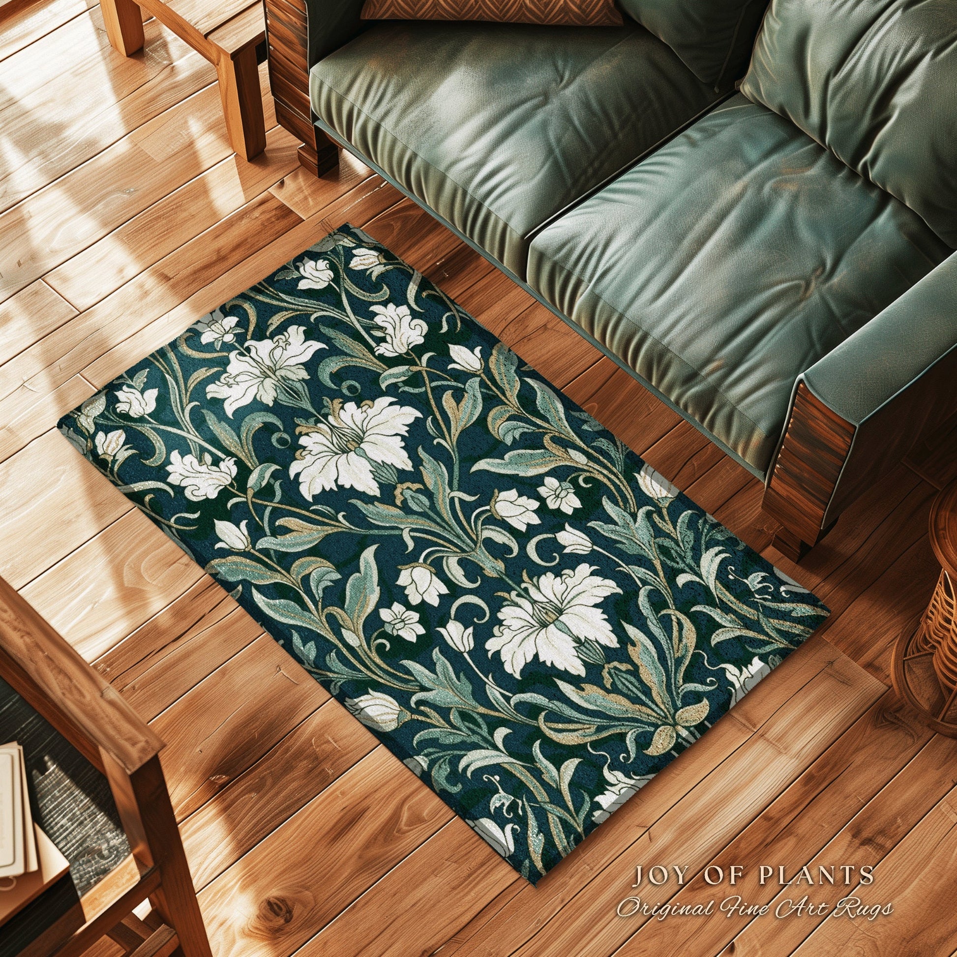 Botanical Teal Accent Rug | Elegant Room Decor Floral Aesthetic Blue Green Floor Rug Playful Green Bedroom Accent Nordic Pastel Cottagecore