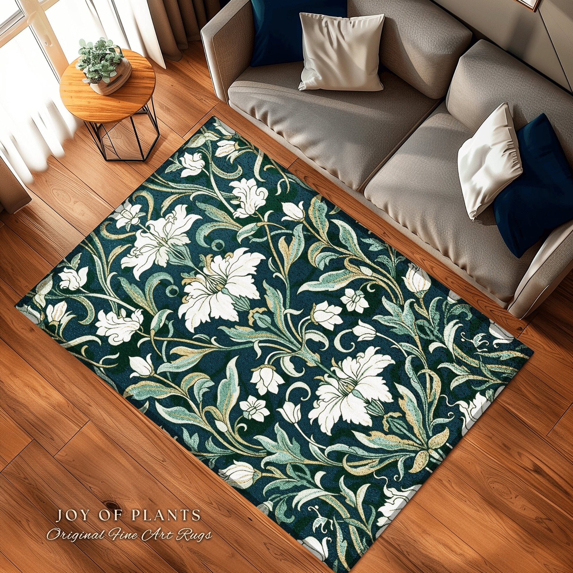 Botanical Teal Accent Rug | Elegant Room Decor Floral Aesthetic Blue Green Floor Rug Playful Green Bedroom Accent Nordic Pastel Cottagecore