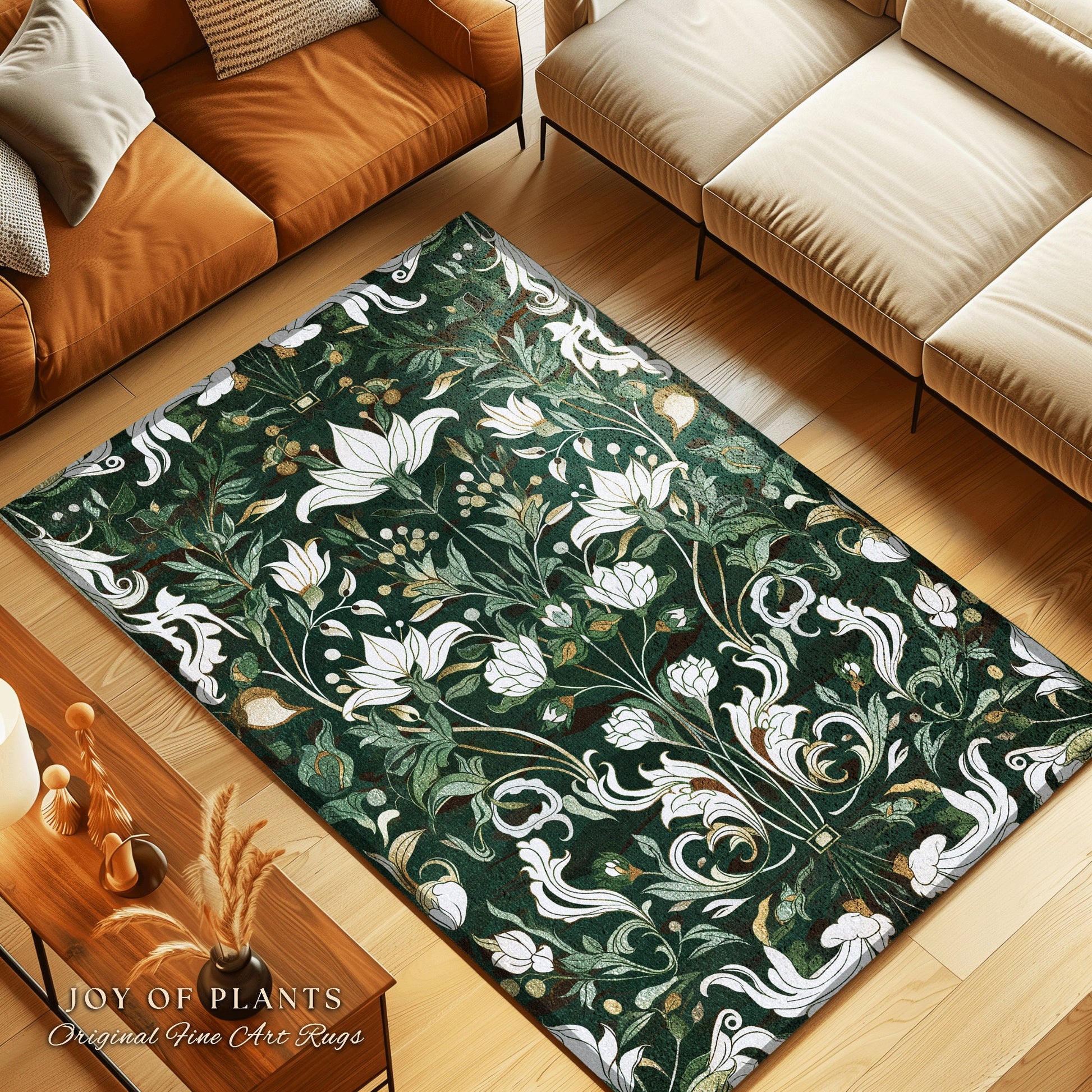 Emerald Green Floral Botanical Rug Art Nouveau Decor | Whimsical Cottagecore Aesthetic Vintage William Morris Design Cottagegoth Fairycore