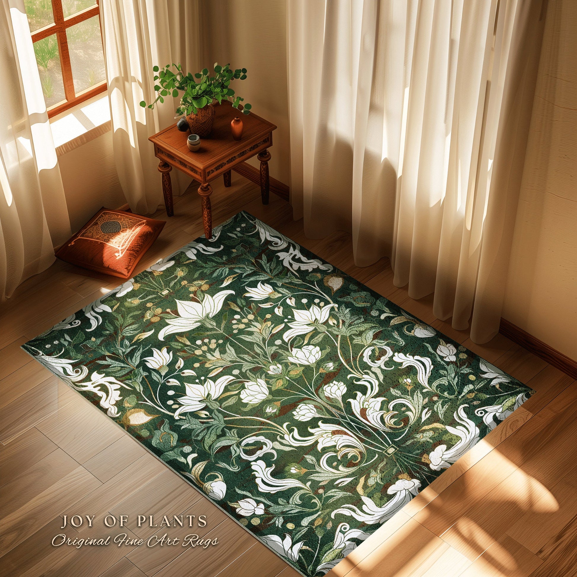 Emerald Green Floral Botanical Rug Art Nouveau Decor | Whimsical Cottagecore Aesthetic Vintage William Morris Design Cottagegoth Fairycore