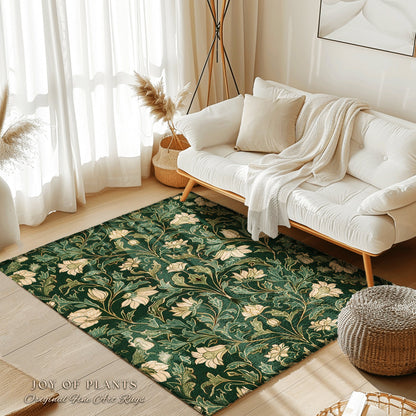 Victorian Gothic Floral Forest Green Rug Dark Botanical Art Nouveau Decor | Whimsical Room Vintage Cottagecore Woodland Fairycore Area Rug