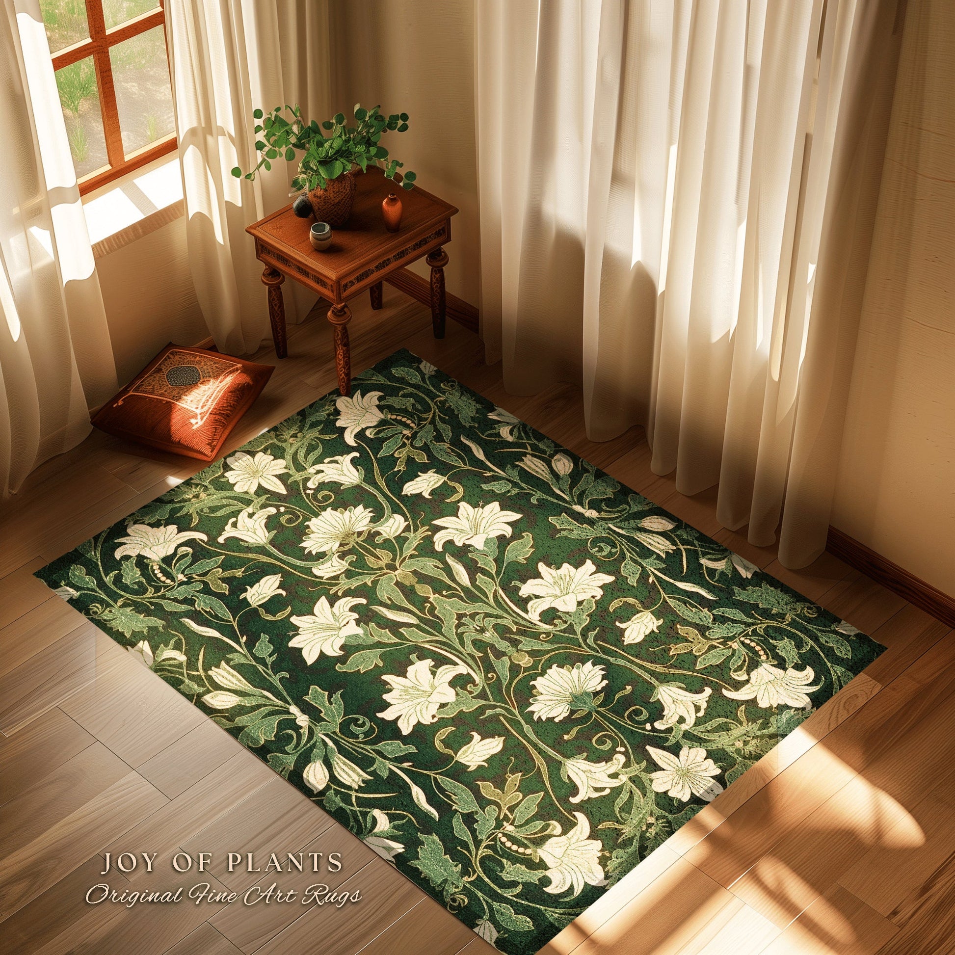 Maximalist Bedroom Rug Botanical | Elegant Room Decor Floral Aesthetic Forest Green Floor Rug Playful Room Accent Nordic Pastel Cottagecore