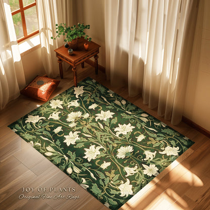 Maximalist Bedroom Rug Botanical | Elegant Room Decor Floral Aesthetic Forest Green Floor Rug Playful Room Accent Nordic Pastel Cottagecore