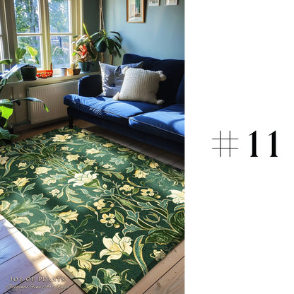 Floral Art Deco Modern Maximalist Rug | Emerald Green Botanical Bedroom Decor Traditional Aesthetic Floor Rug Room Accent Cottagecore Style