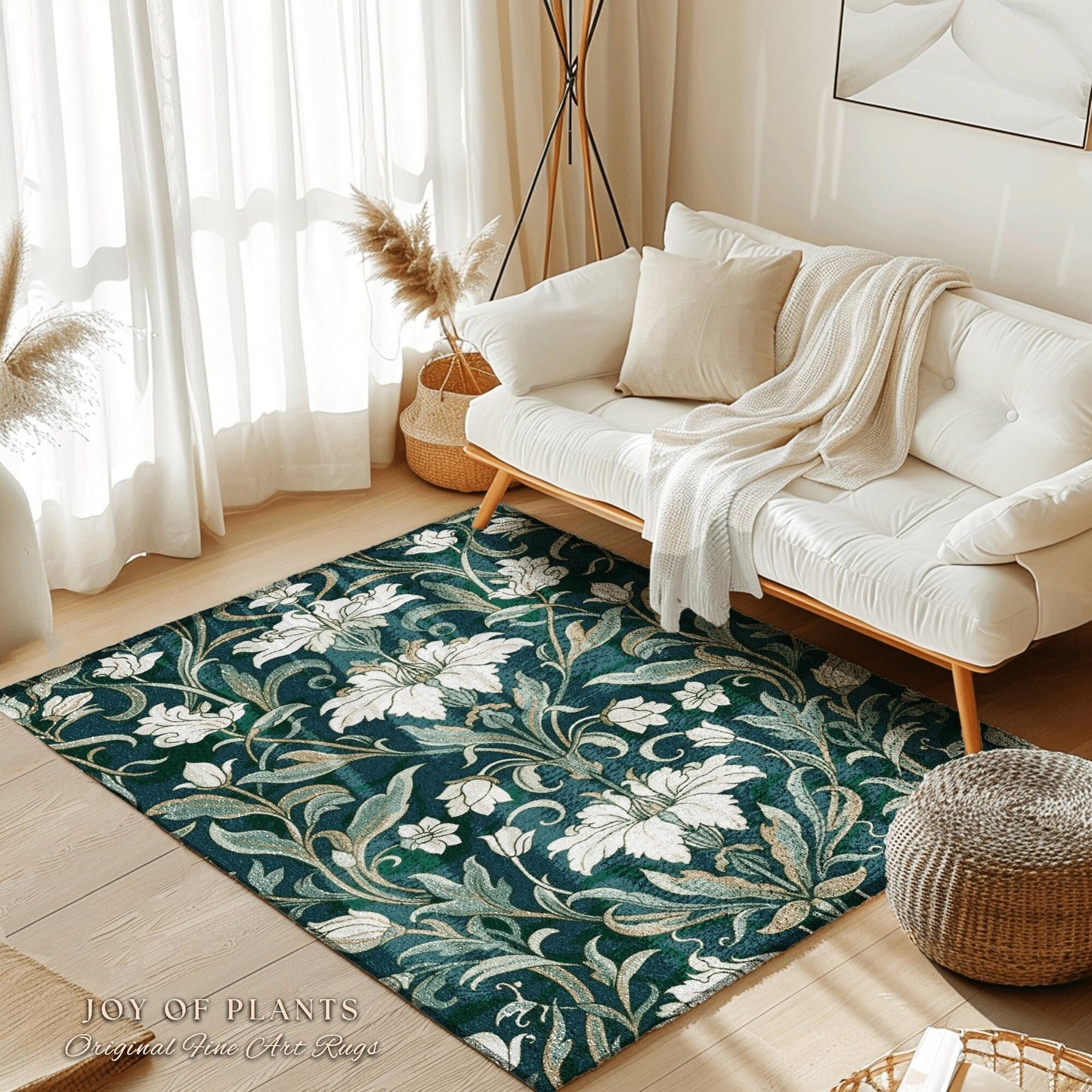 Botanical Teal Accent Rug | Elegant Room Decor Floral Aesthetic Blue Green Floor Rug Playful Green Bedroom Accent Nordic Pastel Cottagecore