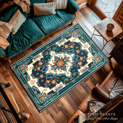 Teal and Orange Ornate Area Rug | Bohemian Room Decor Hippie Aesthetic Multicolor Floor Rug Playful Bedroom Accent Rug Nordic Pastel Style |