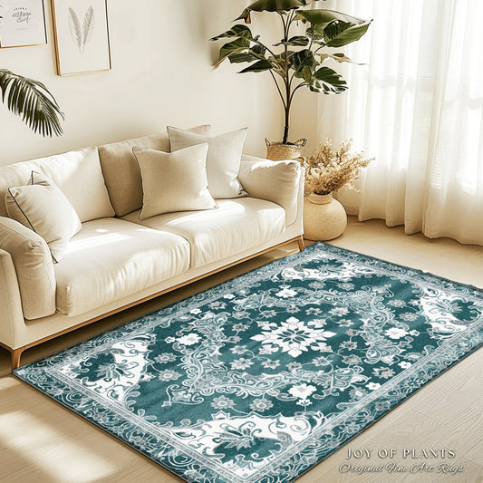 Ocean Blue Elegant Area Rug | Blue-Gray Room Decor Classic Aesthetic Victorian Floor Rug Scandinavian Bedroom Accent Rug Nordic Pastel Style