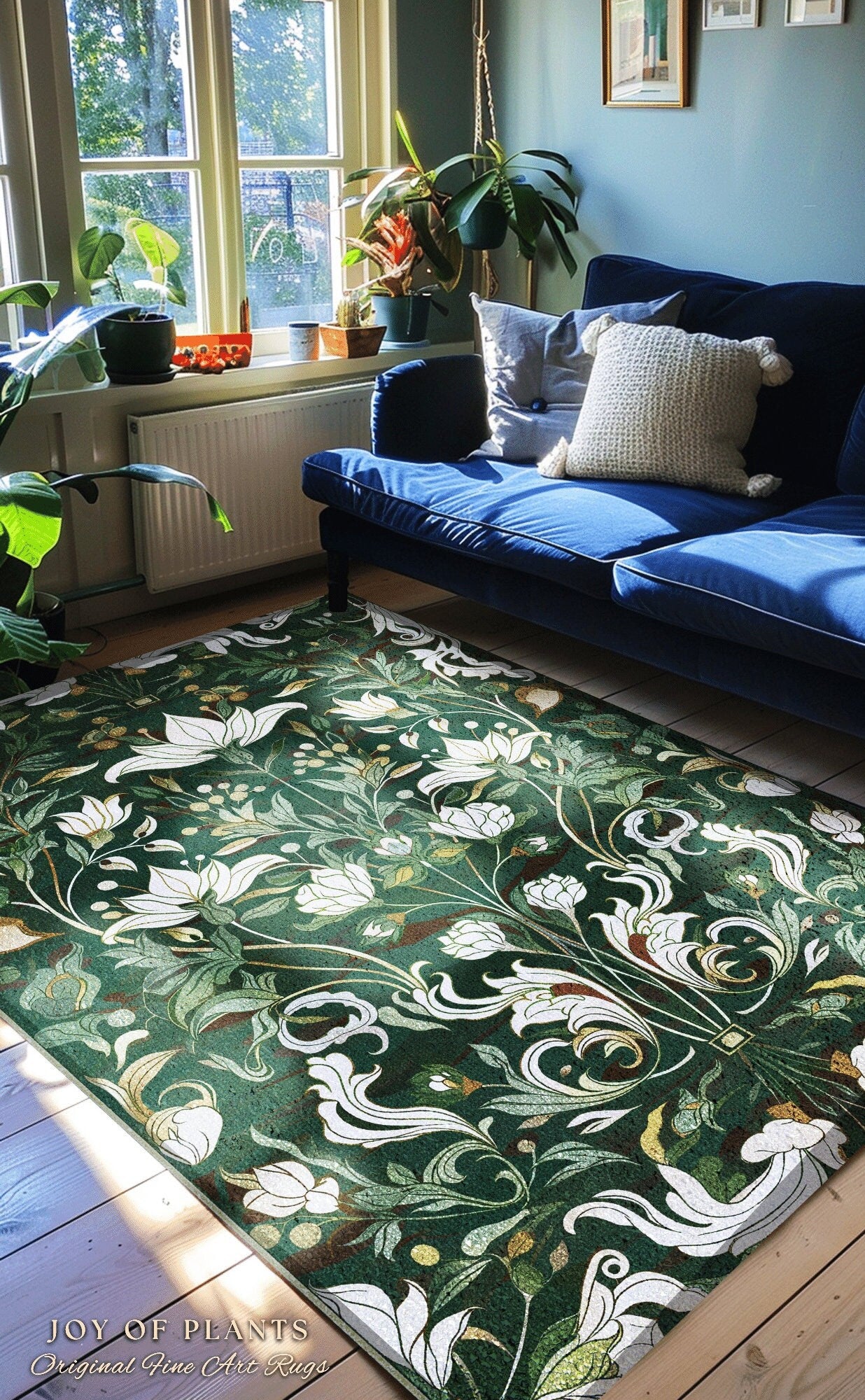 Emerald Green Floral Botanical Rug Art Nouveau Decor | Whimsical Cottagecore Aesthetic Vintage William Morris Design Cottagegoth Fairycore