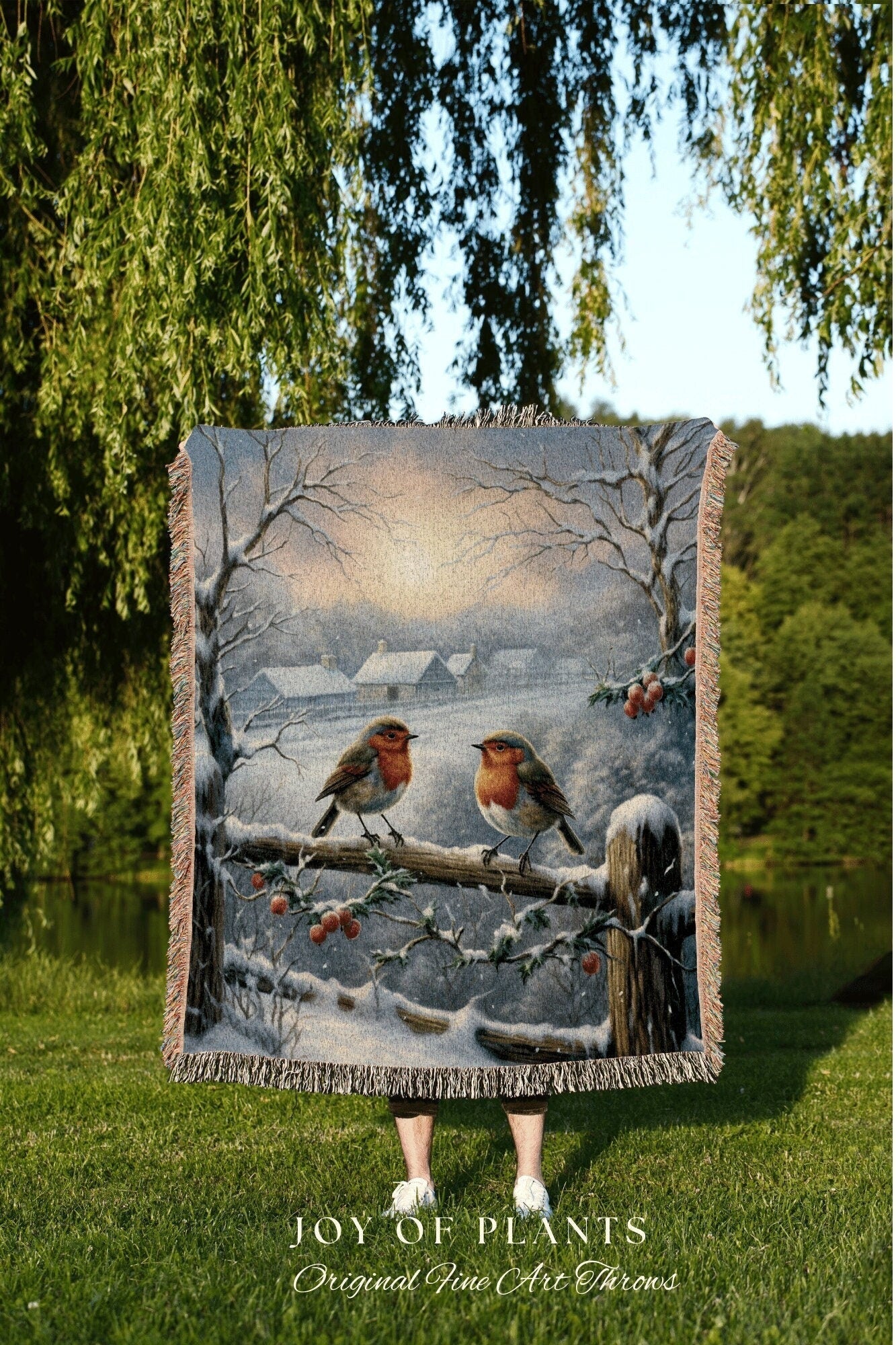 Wintry Landscape Tapestry | Vintage Christmas Cardinal Blanket Woven Tapestry Winter Holiday Decor Snowy Landscape Vintage Home Decor Birds