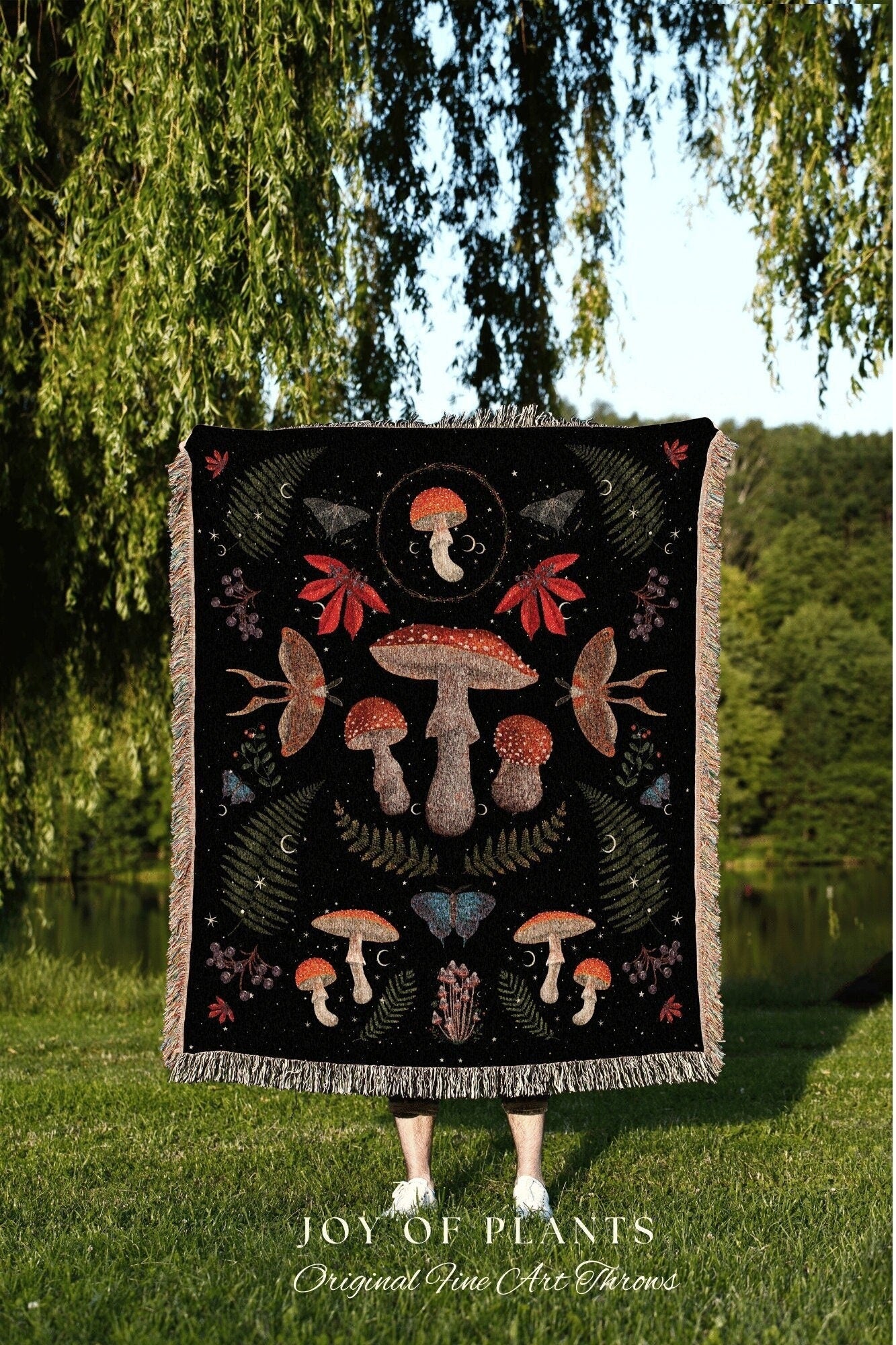 Mushroom Tapestry Blanket Moth Woven Blanket Gothic Celestial Decor Witchy Decor Dark Cottagecore Black Throw Blanket Mushroom Throw Blanket