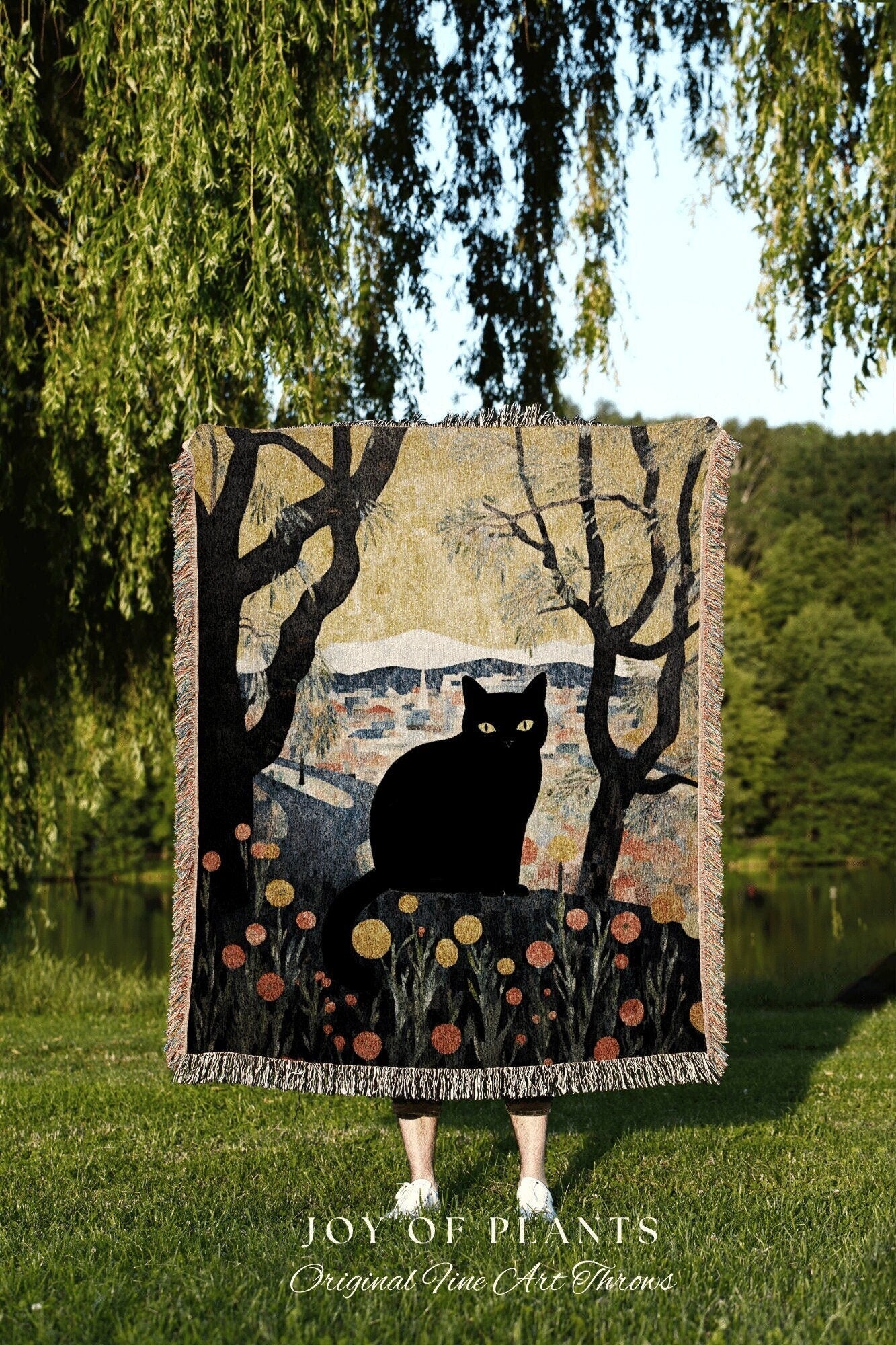 Vintage Fall Aesthetic Halloween Tapestry Black Cat Woven Throw Blanket | Autumn Decor Black Cat Halloween Decor Dark Cottagecore Tapestry