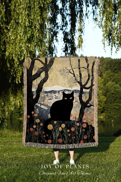 Vintage Fall Aesthetic Halloween Tapestry Black Cat Woven Throw Blanket | Autumn Decor Black Cat Halloween Decor Dark Cottagecore Tapestry