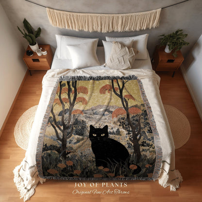 Autumn Landscape Tapestry Wall Art Black Cat Woven Throw Blanket | Autumn Decor Black Cat Halloween Decor Dark Cottagecore Tapestry Vintage