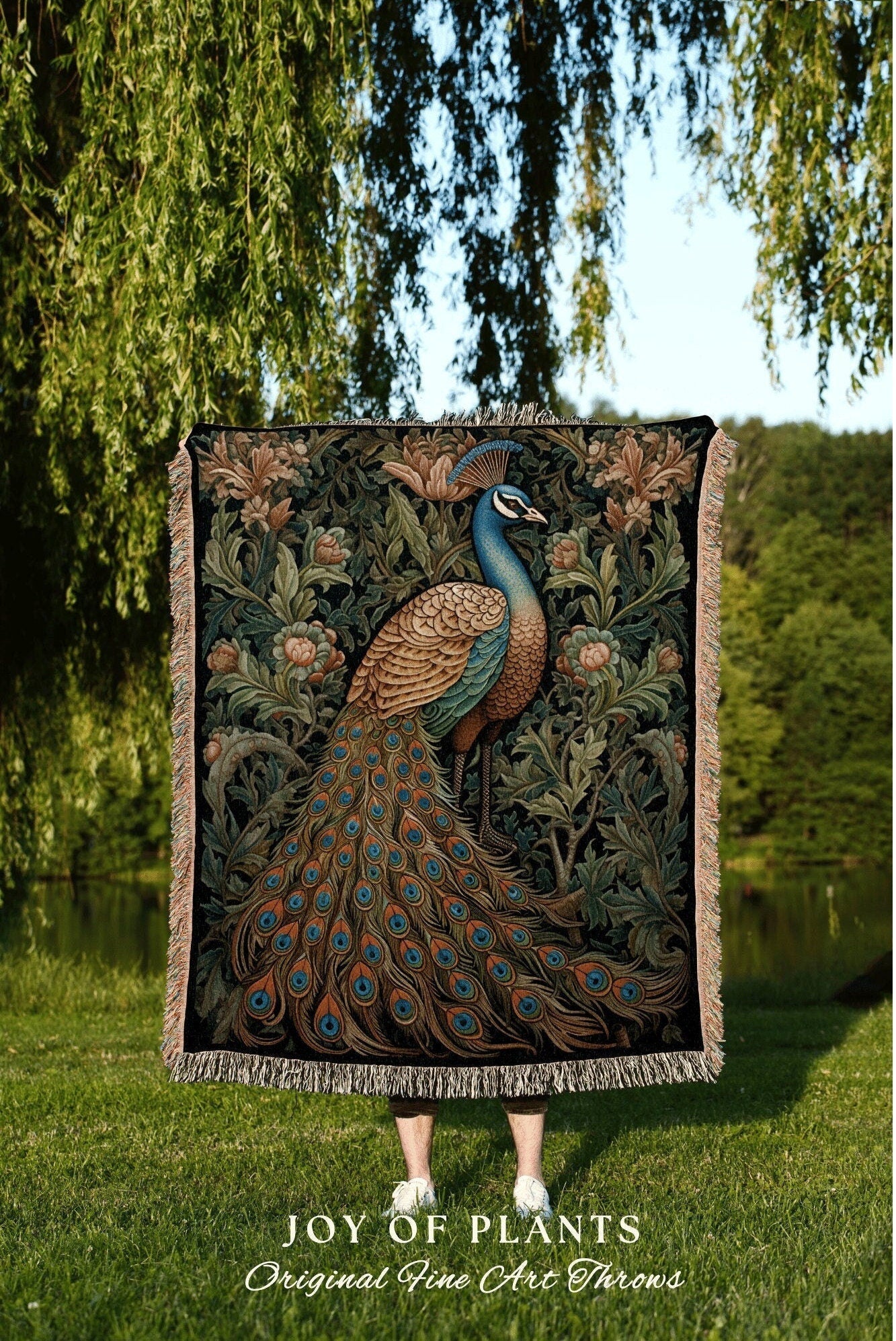 Peacock Blanket Woven Fringe | William Morris inspired Throw Blanket Vintage Cottagecore Woodland Gothic Decor Woven Throw Peacock Tapestry