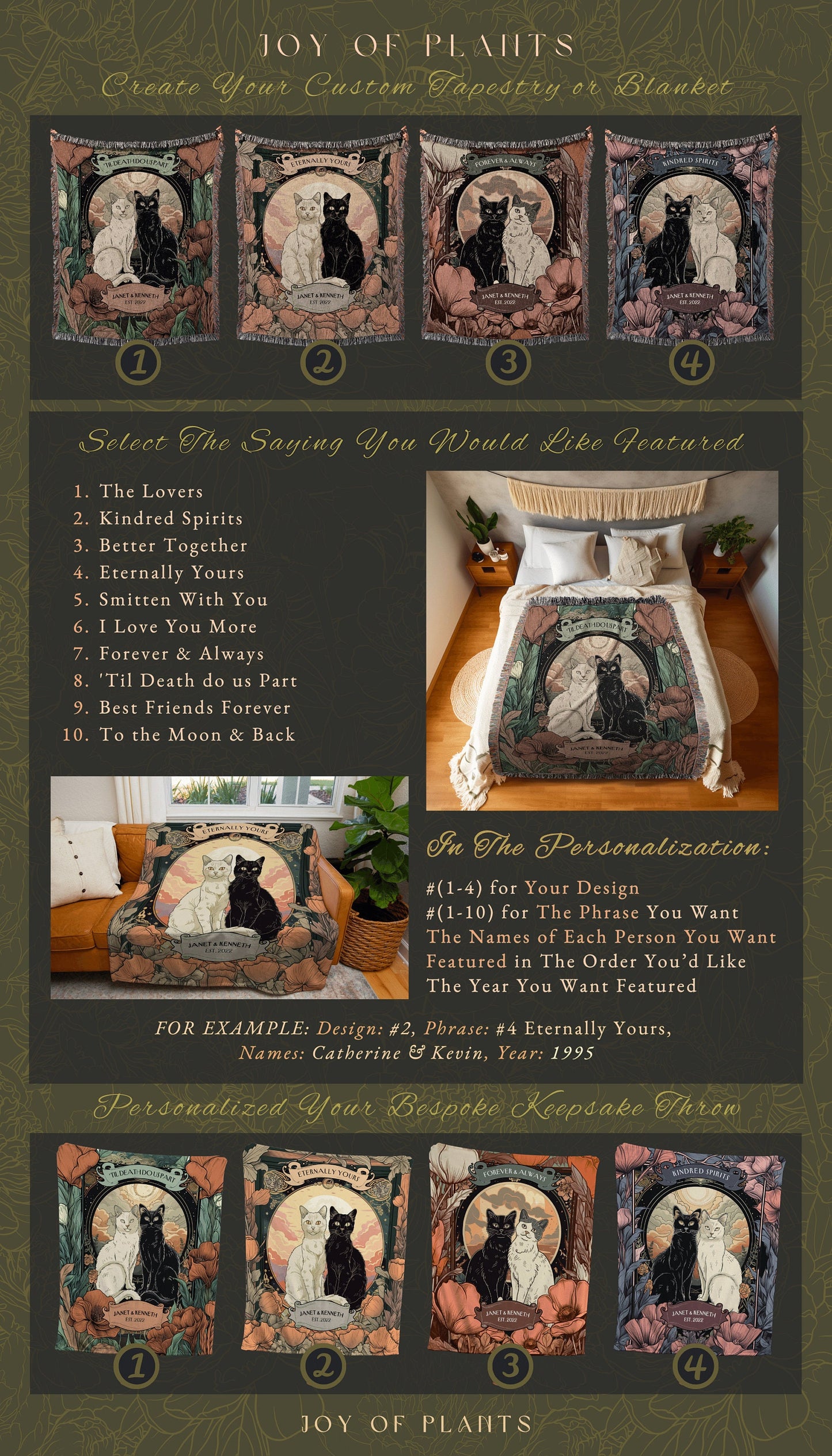 Ethereal Cat Lover Couple Blanket Custom | Goth Aesthetic Woven Throw Personalized Name Dating Anniversary Gift Dark Academia Tapestry