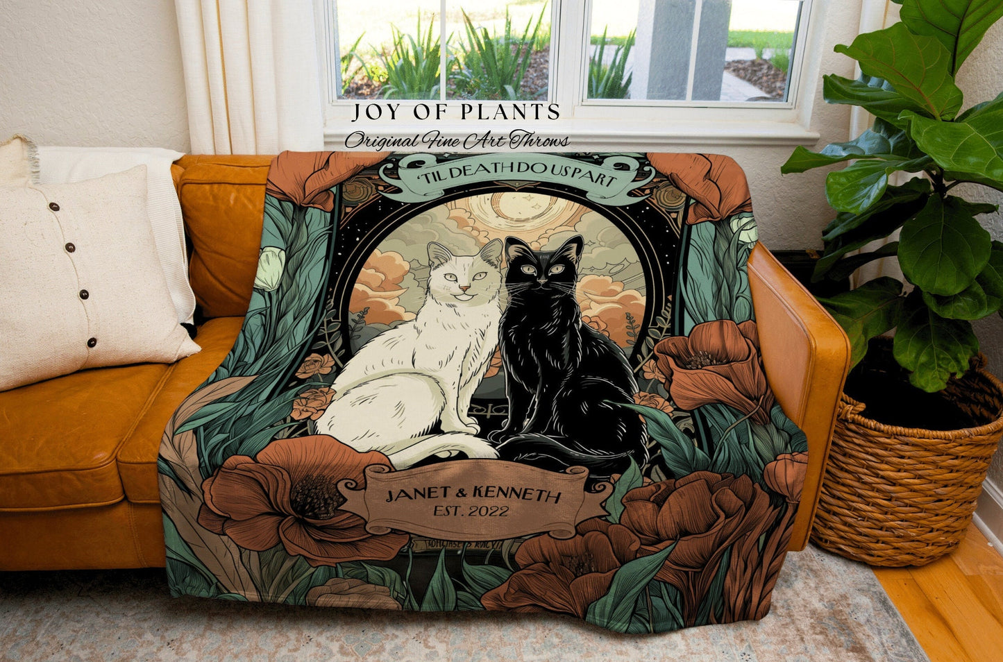 Cat Couple Personalized Name Blanket | Tarot Aesthetic Woven Throw Custom His and Hers Gift for Girlfriend Dark Academia Black Cat Tapestry