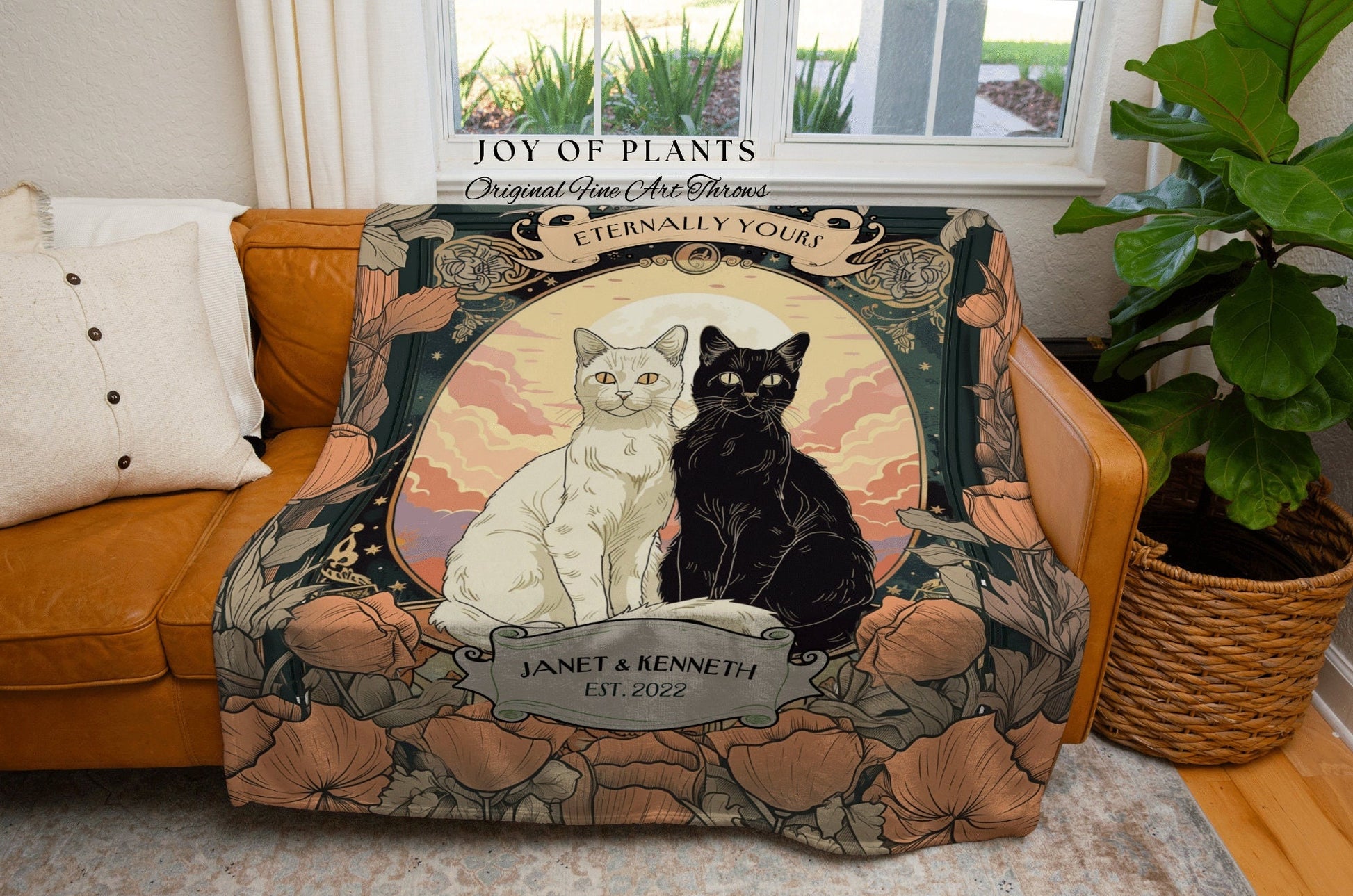 Ethereal Cat Lover Couple Blanket Custom | Goth Aesthetic Woven Throw Personalized Name Dating Anniversary Gift Dark Academia Tapestry