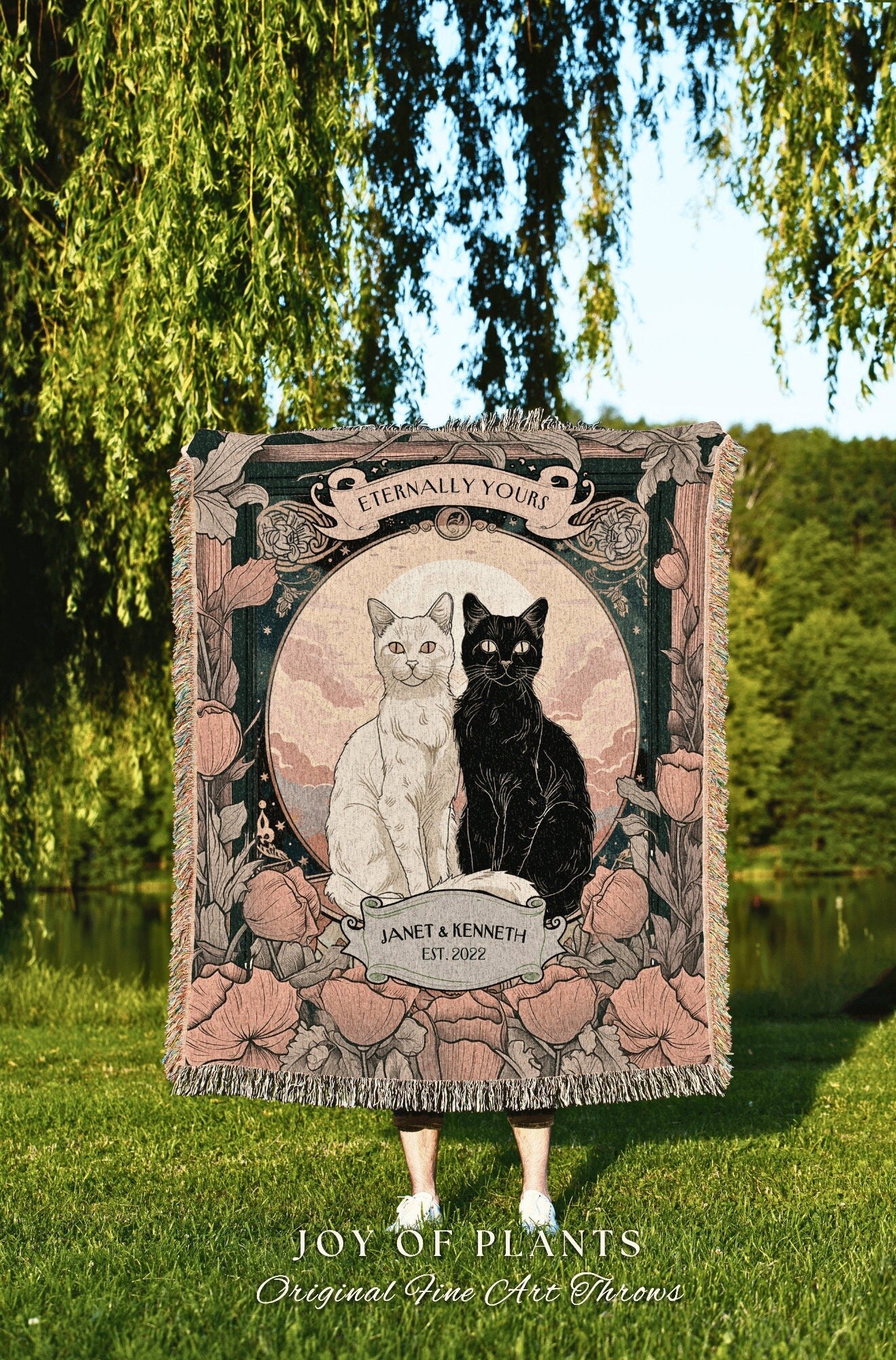 Ethereal Cat Lover Couple Blanket Custom | Goth Aesthetic Woven Throw Personalized Name Dating Anniversary Gift Dark Academia Tapestry