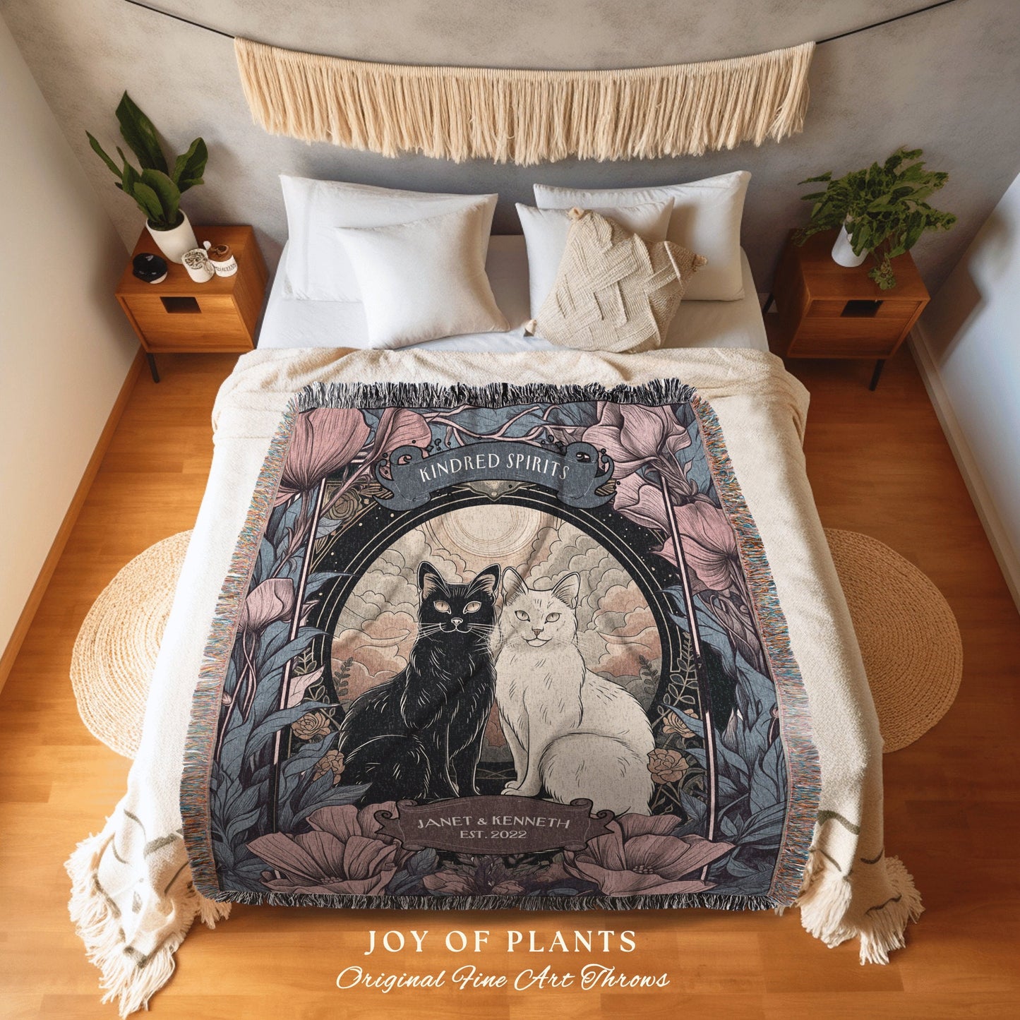 Kindred Spirits Cat Couple Custom Tapestry | Gothic Aesthetic Woven Throw Blanket Personalized Cotton Anniversary Gift Gothic Tapestry |