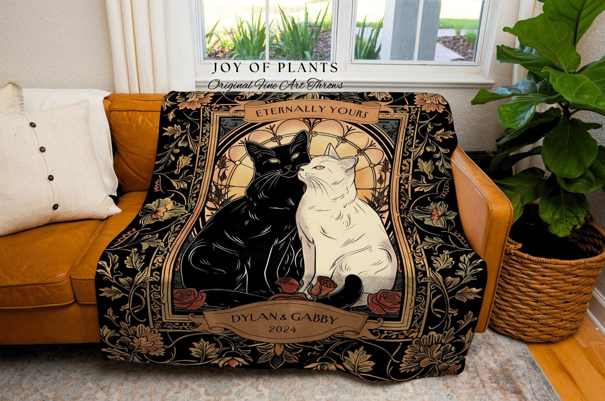 Cozy Cat Lover Couples Blanket Custom | Tarot Aesthetic Woven Throw Custom His and Hers Gift for Goths Dark Academia Personalized Tapestry