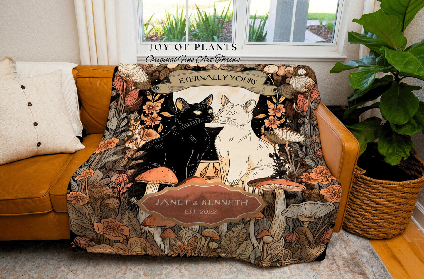 Peachy Woodland Cat Lovers Blanket | Dark Cottagecore Mushroom Aesthetic Woven Throw Personalized Cotton Anniversary Tapestry for Cat Lover