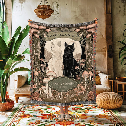 Anniversary Blanket Cat Lover Couple | Witchy Aesthetic Woven Throw Custom His and Hers Gift for Goths Dark Academia Personalized Tapestry |